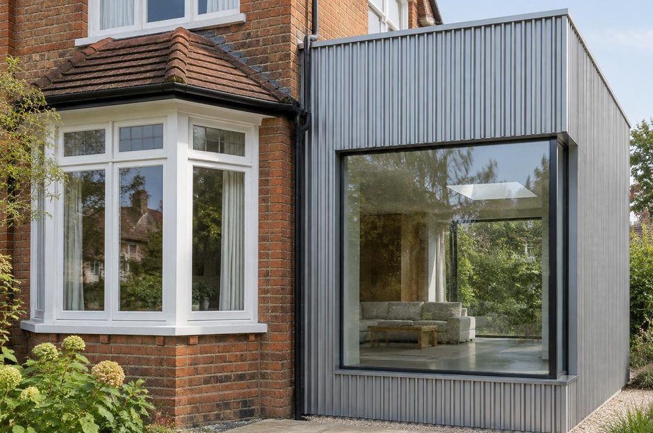 Period facade beside a new contemporary extension in Finchley