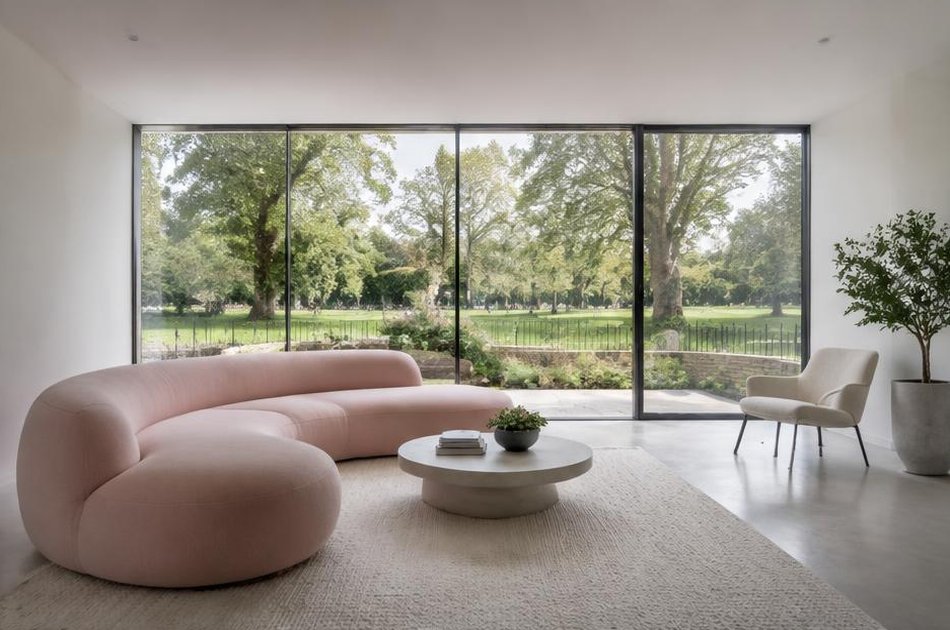 Minimalist living space with broad glazing onto local streets in Finsbury Park