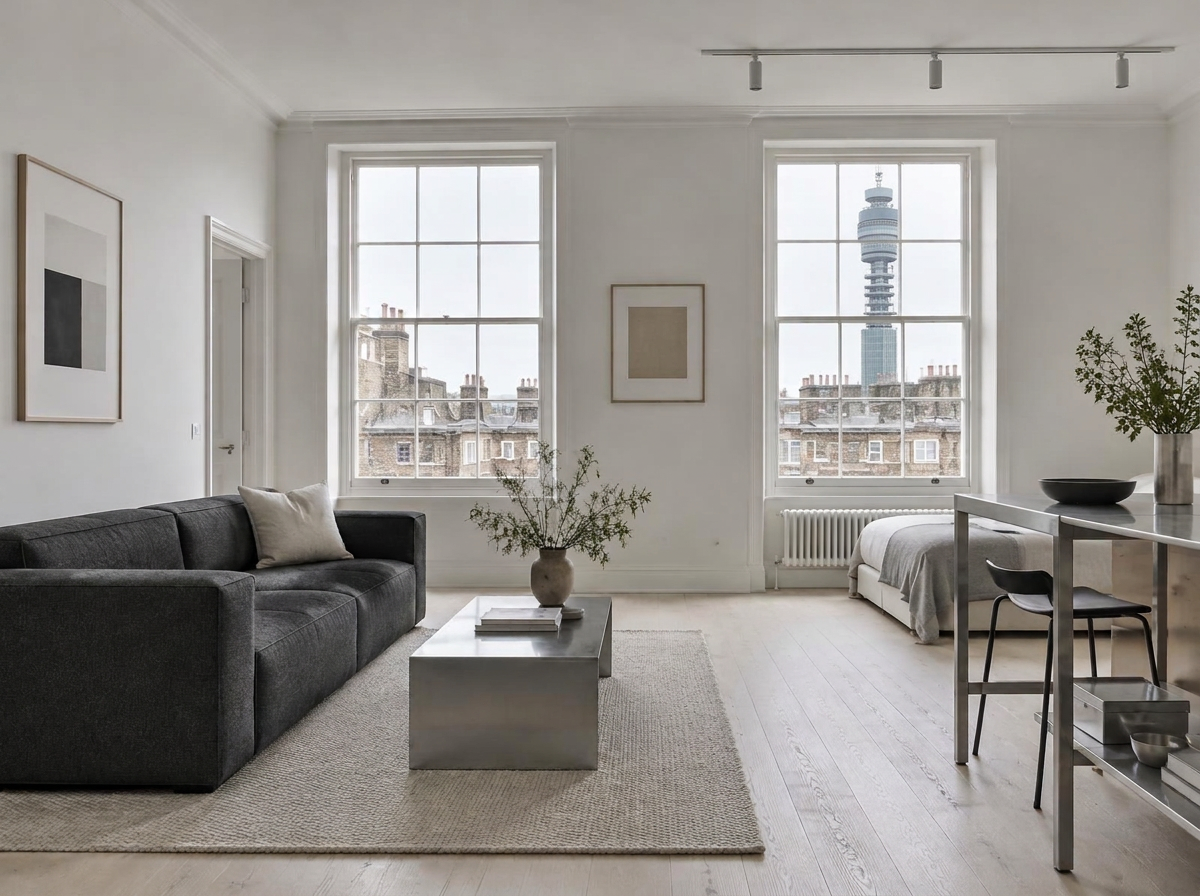 Minimalist stripped-back Georgian room with a square-edged charcoal sofa and sash windows looking toward the BT Tower