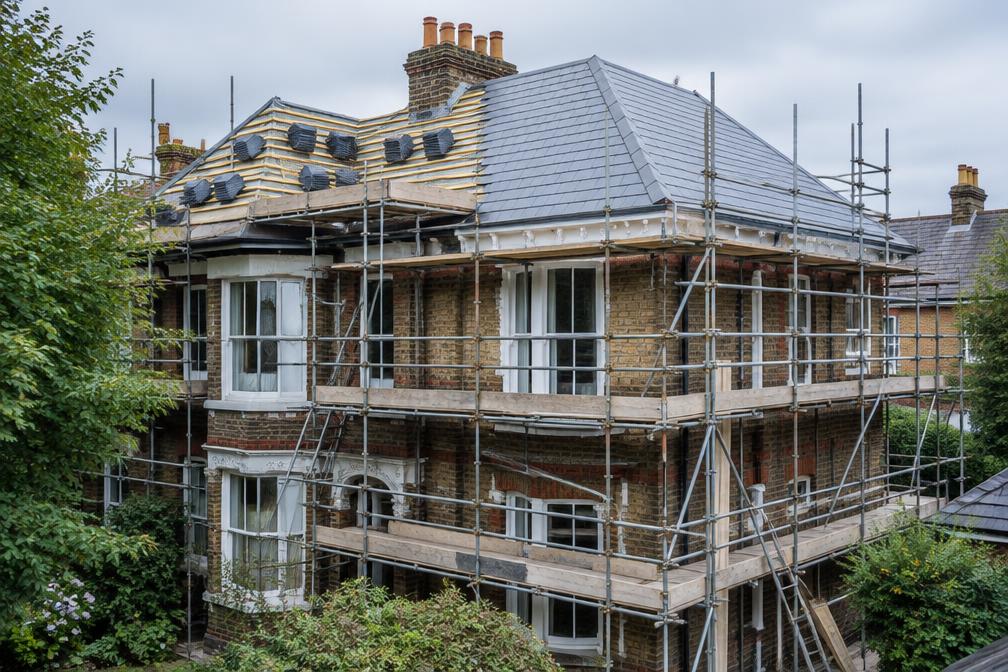 Scaffolding wrapping a villa as a new slate roof is laid