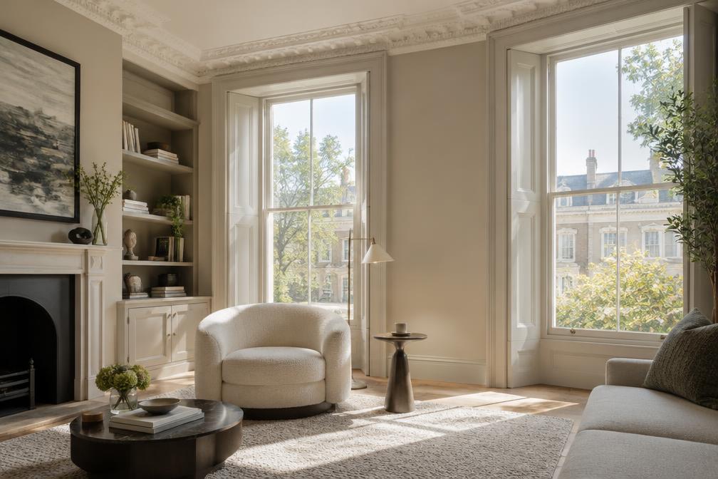 Sunlit sitting room with a rounded bouclé armchair, tall sash windows and restored cornice