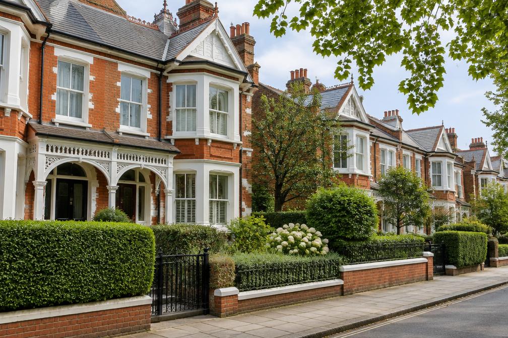 Grand Victorian villas with decorative porches and hedged front gardens on a leafy road