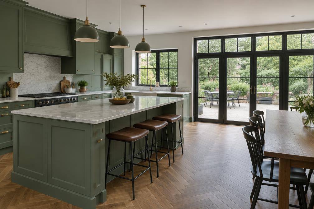 Refurbished kitchen-diner with green cabinetry, marble worktop and crittall-style doors