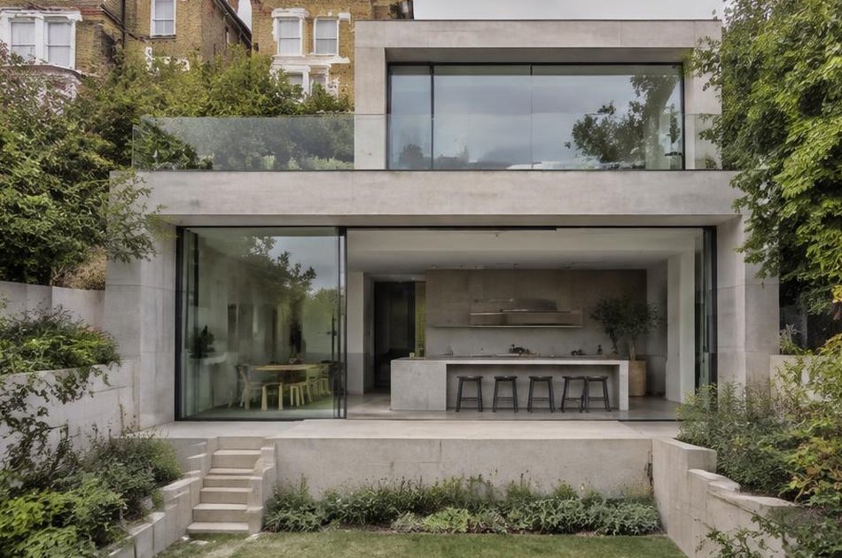 Stepped concrete and glass kitchen extension onto a sloping garden in Forest Hill