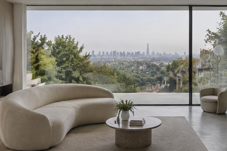 Hillside living room with glazing over treetops in Forest Hill