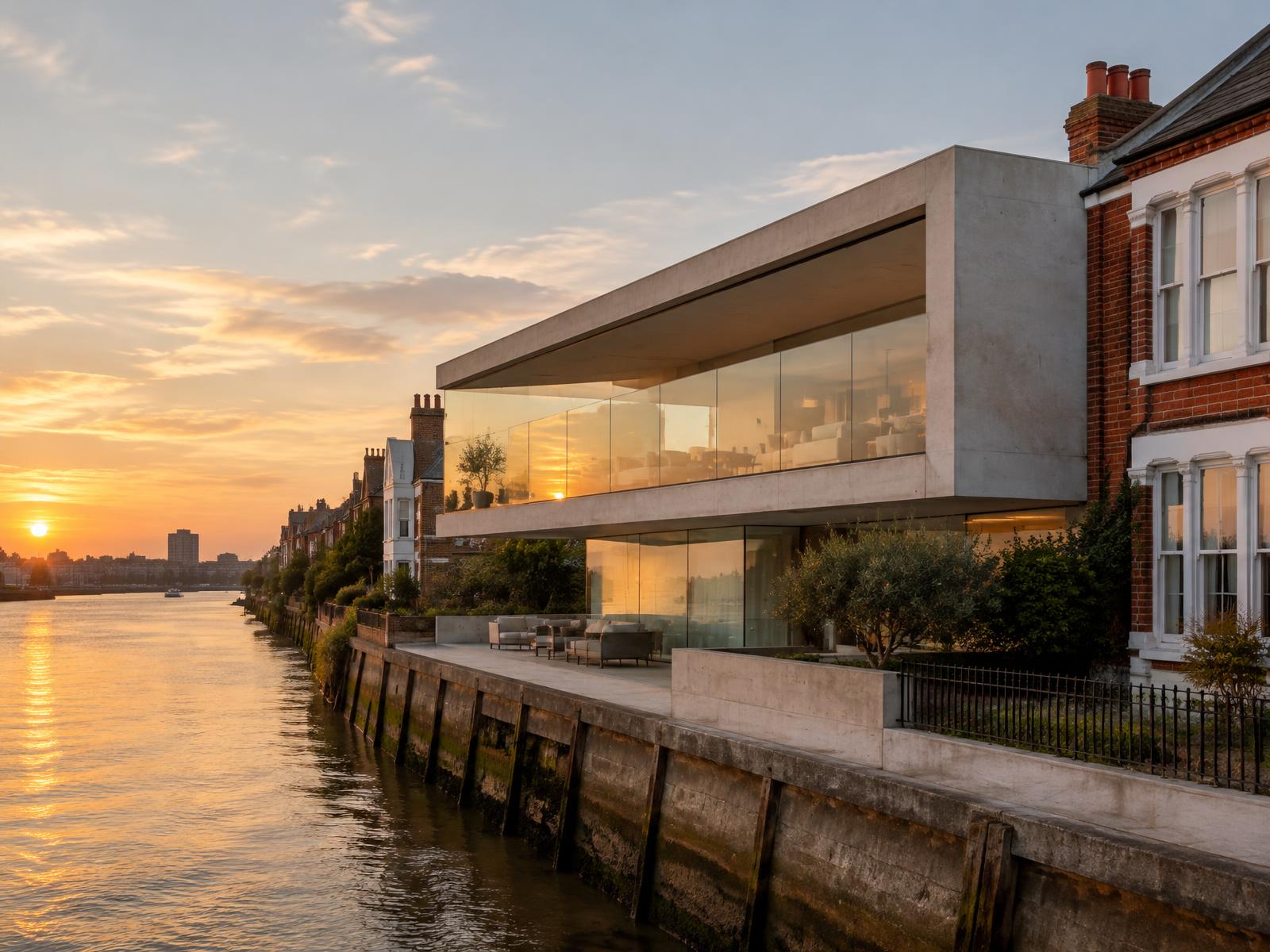 Bold cantilevered concrete and glass riverside house on the Thames beside red-brick Victorian terraces at sunset