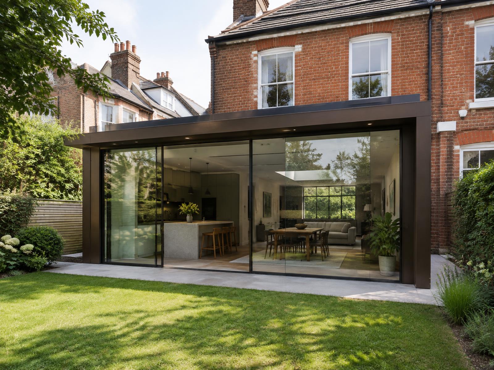 Bronze-framed glass rear extension on a red-brick Edwardian terrace house in Fulham