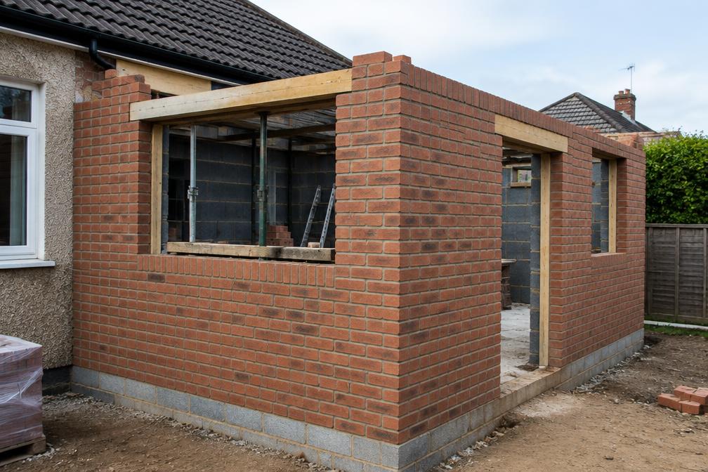 Brickwork rising on a single-storey extension in Gants Hill
