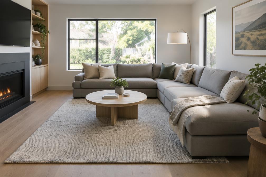 Family room with an L-shaped grey sofa and wool rug in Gants Hill