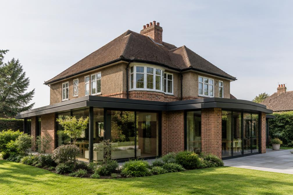 1930s house with a modern wraparound single-storey extension in Gants Hill
