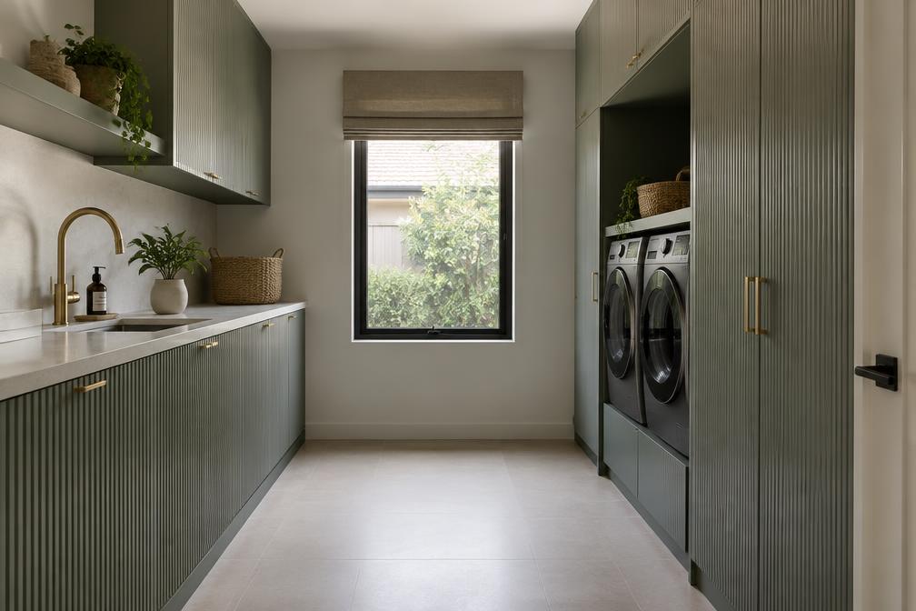 Refurbished utility room with fluted green cabinetry in Gants Hill
