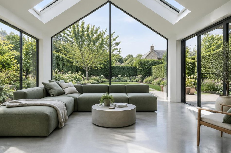 Contemporary living space opening onto a garden in Gidea Park