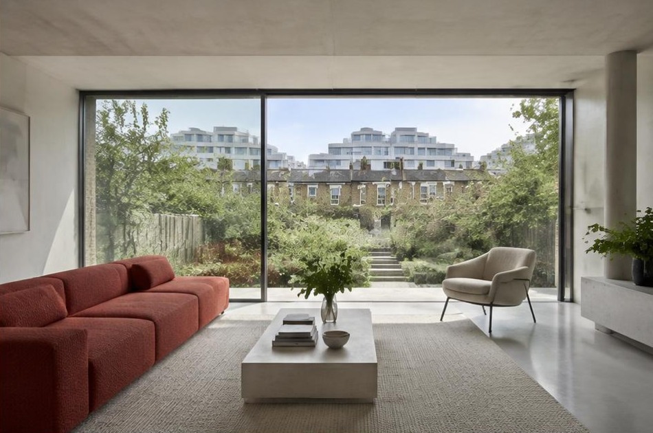 Minimalist contemporary living space with local residential garden views in Gospel Oak