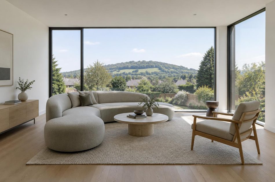 Living room with wide glazing towards Horsenden Hill in Greenford