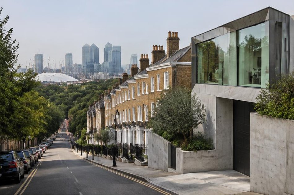 Georgian terrace climbing toward Blackheath beside a contemporary concrete and glass house in Greenwich