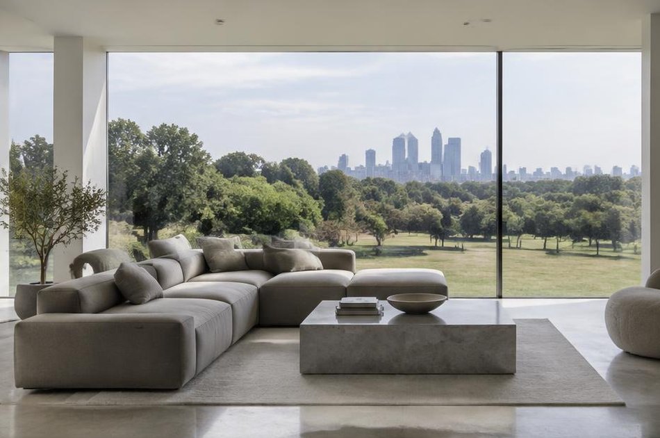 Minimalist living room with broad glazing over Greenwich Park