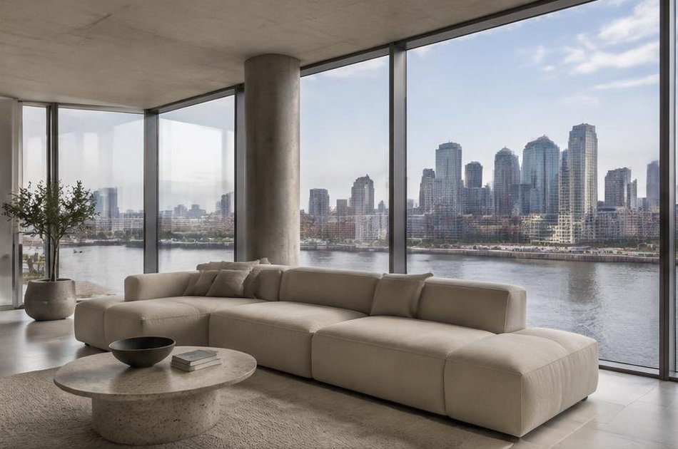 High-rise apartment living room with glazing over the Thames on Greenwich Peninsula