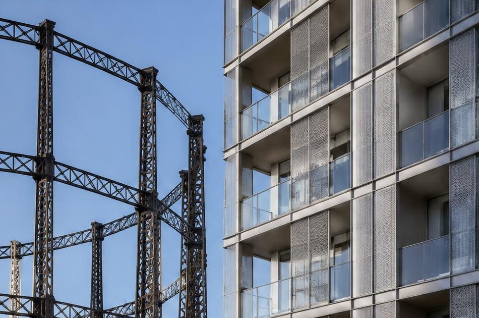 Preserved gasholder frame beside a new apartment block on Greenwich Peninsula