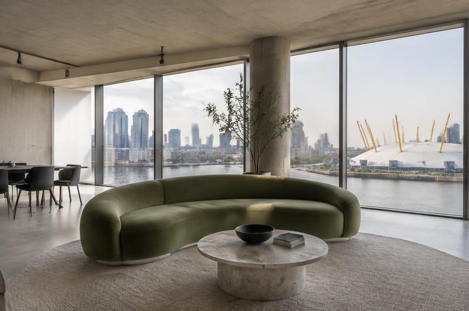 Loft interior with a curved green sofa on Greenwich Peninsula