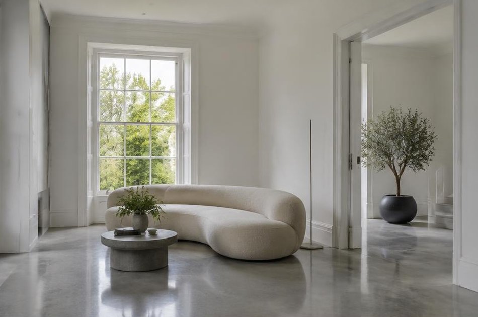 Pared-back refurbished Georgian interior with a curved sofa in Greenwich