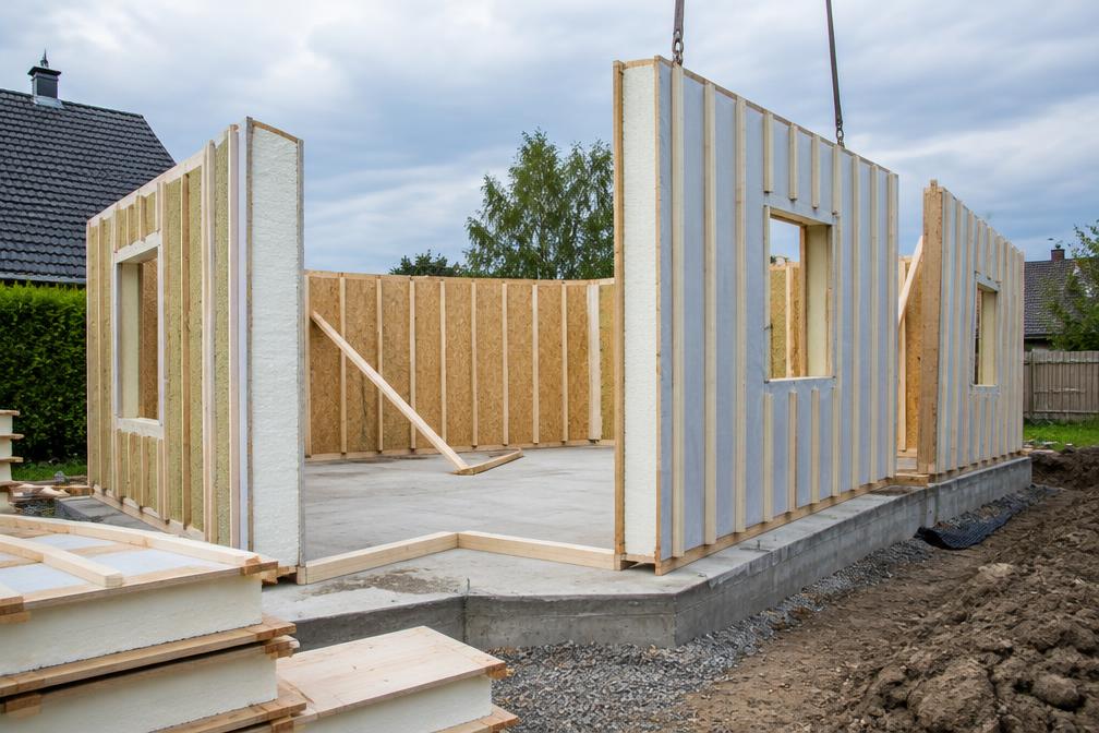 Timber-frame eco homes under construction with insulated panels and scaffolding