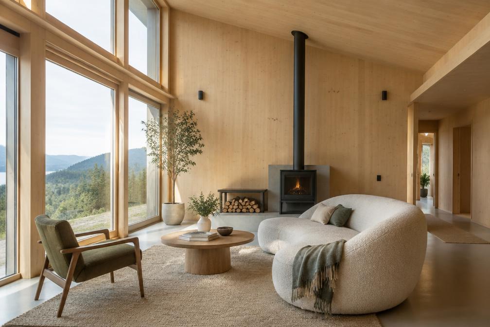 Contemporary apartment living room with round coffee table and soft curved sofa