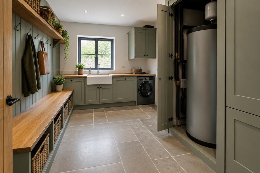 Refurbished open-plan flat with polished concrete floor and birch plywood joinery