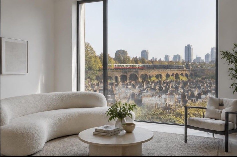 Minimalist living space with local residential garden views in Hackney Central