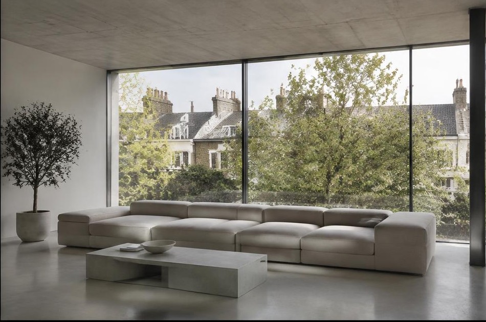 Minimalist living space with local residential garden views in Hackney