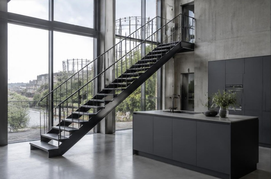 Completed contemporary kitchen with open staircase and garden glazing in Hackney Wick
