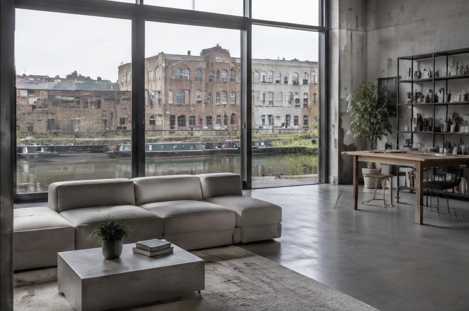 Minimalist living space with local residential garden views in Hackney Wick
