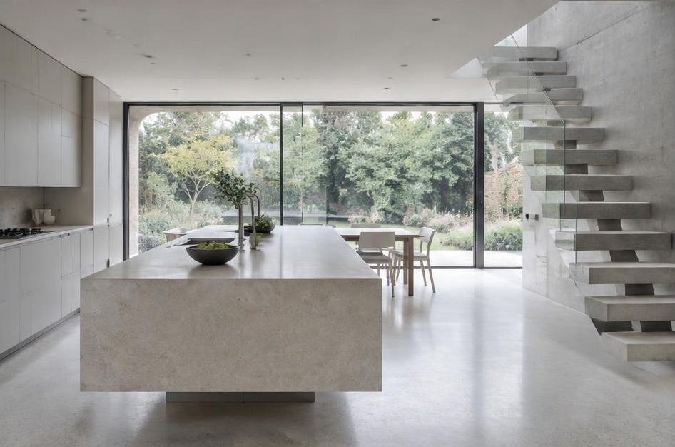 Completed contemporary kitchen with open staircase and garden glazing in Ham