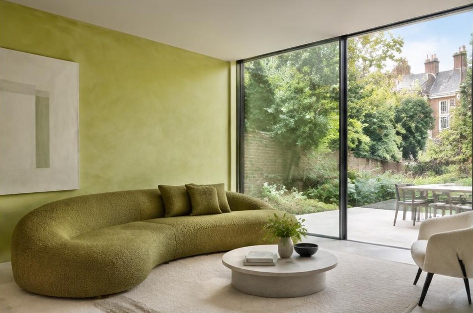Minimalist contemporary living space with local residential garden views in Hampstead