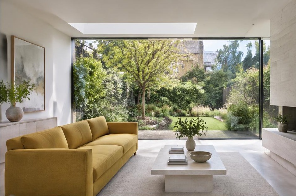 Minimalist garden living space with broad glazing in Hampton