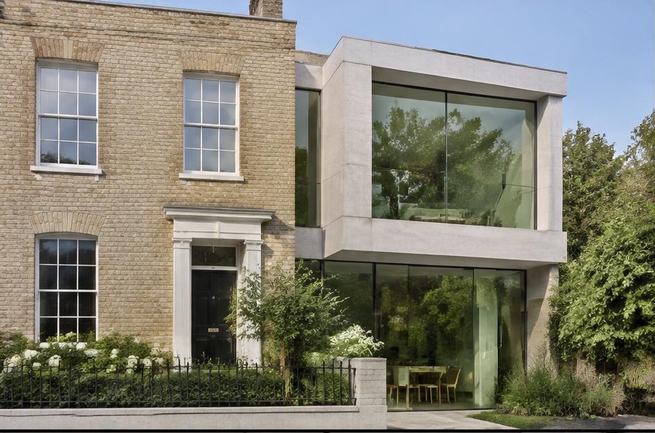 Retained historic facade meeting a bold contemporary residential addition in Hampton