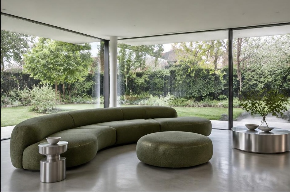 Minimalist garden living space with broad glazing in Hampton Wick