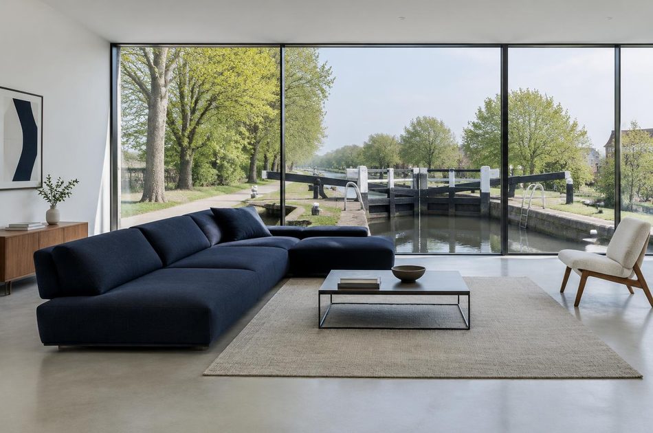 Living room overlooking canal lock gates in Hanwell