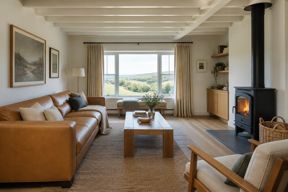 Cottage living room with a leather sofa and wood-burning stove in Harefield