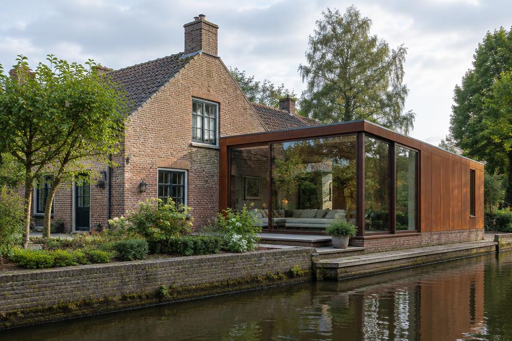 Canal-side brick cottage with a corten steel and glass extension in Harefield