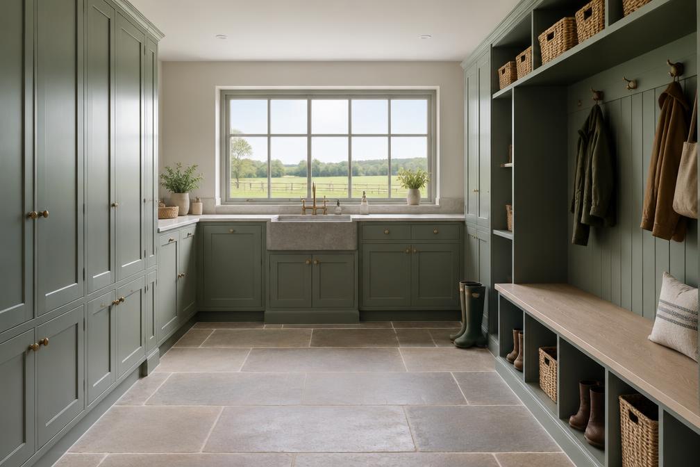 Refurbished modern boot room with a view of fields in Harefield