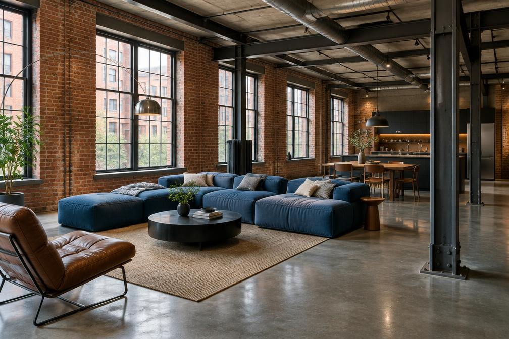 Loft living space with exposed brick and steel columns in Hayes