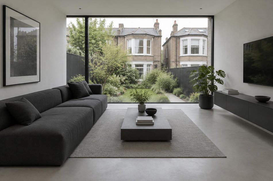 Contemporary living space opening onto a garden in Hendon