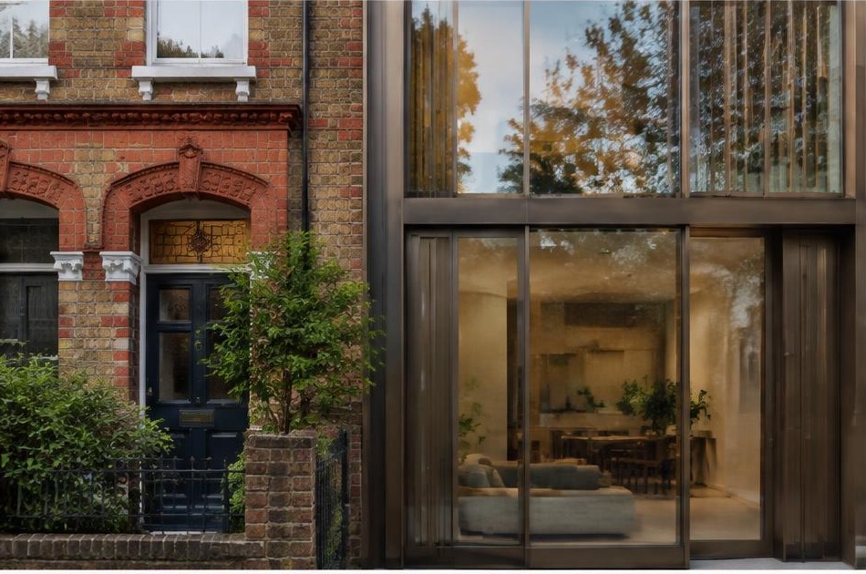 Retained historic facade directly beside a contemporary glazed residential addition in Herne Hill