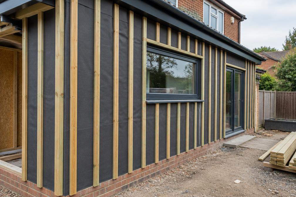 Cladding battens fixed to a new rear extension in Highams Park