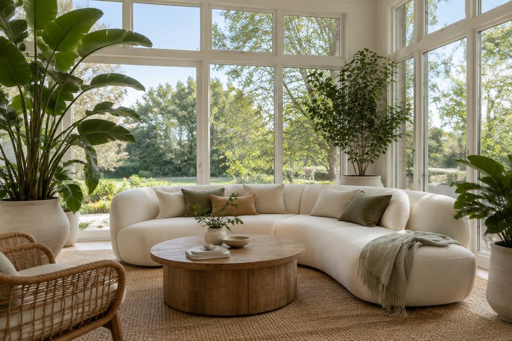 Sunroom lounge with a curved cream sofa and large plants in Highams Park