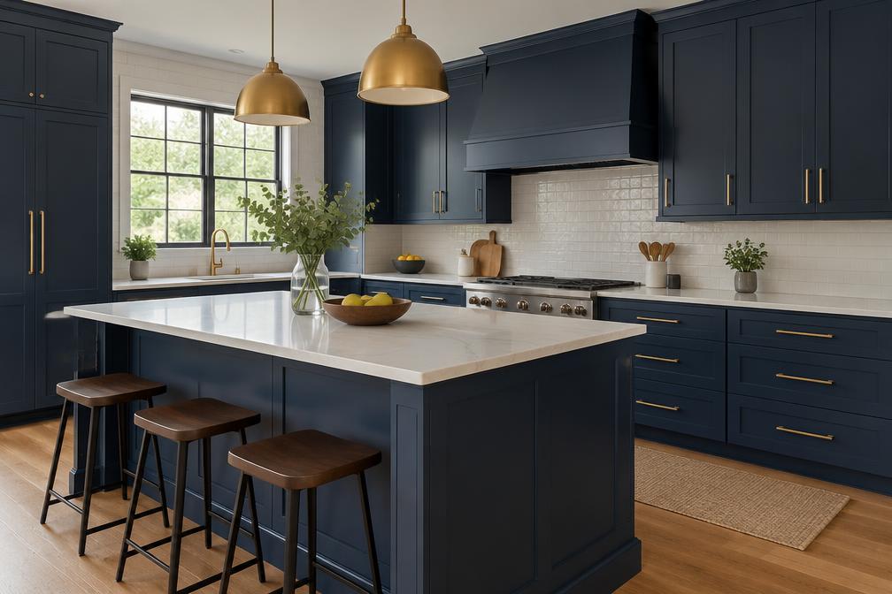 Refurbished kitchen with navy cabinets and brass handles in Highams Park