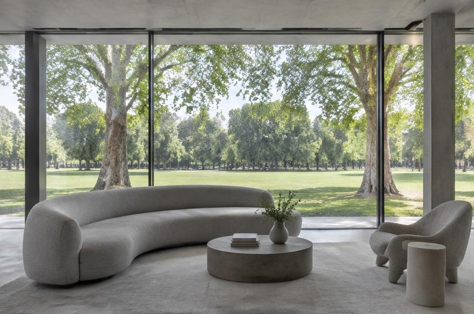 Minimalist living space with broad glazing onto local streets in Highbury