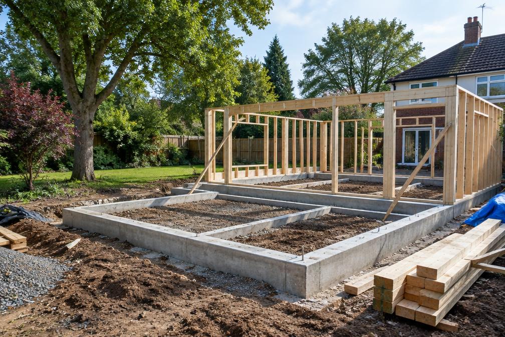 Foundations and timber frame for a rear extension in Hillingdon