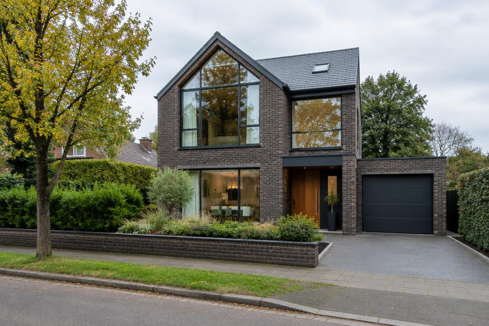 Contemporary brick house with large glazing on a leafy road in Hillingdon