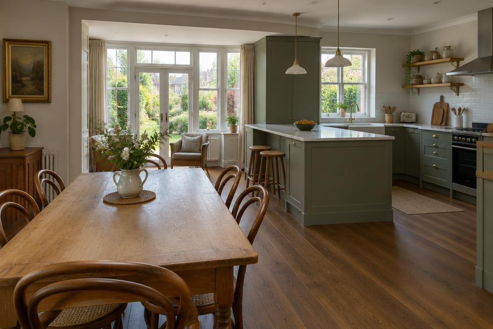 Open-plan kitchen and dining room opening onto a garden in Hillingdon